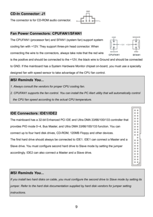 Page 13 
9 
CD-In Connector: J1 
The connector is for CD-ROM audio connector. 
 
Fan Power Connectors: CPUFAN1/SFAN1 
The CPUFAN1 (processor fan) and SFAN1 (system fan) support system 
cooling fan with +12V. They support three-pin head connector. When 
connecting the wire to the connectors, always take note that the red wire 
is the positive and should be connected to the +12V, the black wire is Ground and should be connected 
to GND. If the mainboard has a System Hardware Monitor chipset on-board, you must use...