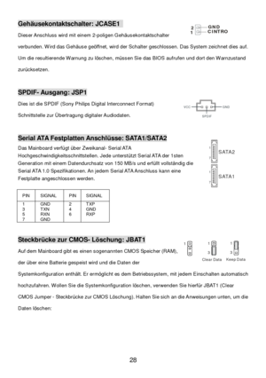 Page 32 
28 Geh
äusekontaktschalter: JCASE1  
Dieser Anschluss wird mit einem 2-poligen Geh äusekontaktschalter 
verbunden. Wird das Geh äuse ge öffnet, wird der Schalter geschlossen. Das System zeichnet dies auf. 
Um die resultierende Warnung zu l öschen, m üssen Sie das BIOS aufrufen und dort den Warnzustand 
zur ücksetzen.  
  SPDIF- Ausgang: JSP1 
Dies ist die SPDIF (Sony Philips Digital Interconnect Format) 
Schnittstelle zur 
Übertragung digitaler Audiodaten. 
  Serial ATA Festplatten Anschl
üsse:...