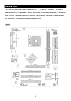 Page 5 
1 
Introduction 
Thank you for choosing the K8MM-V Series (MS-7142 v1.X) micro ATX mainboard. The K8MM-V 
Series is based on VIA ® K8M800-CE & VT8237R chipsets for optimal system efficiency. Designed to 
fit the advanced AMD ® K8 Athlon64 processors in 754 pin package, the K8MM-V Series delivers a 
high performance and professional desktop platform solution. 
 
Layout 
SFAN1 CPUFAN1 JPW1
FDD1
SATA1 SATA2
T:
M:
B:Line-In
Line-Out
Mic
T:   L A N  j a c k
B: USB ports
Winbond
W83627THF
VIA
K8M800-CE
BATT...