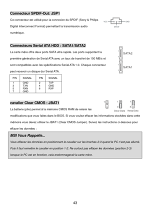 Page 47 
43 Connecteur SPDIF-Out: JSP1 
Ce connecteur est utilis
é pour la connexion du SPDIF (Sony & Philips 
Digital Interconnect Format) permettant la transmission audio 
num érique. 
  Connecteurs Serial ATA HDD : SATA1/SATA2 
La carte m
ère offre deux ports SATA ultra rapide. Les ports supportent la 
premi ère g én ération de Serial ATA avec un taux de transfert de 150 MB/s et 
sont compatibles avec les sp écifications Serial ATA 1.0. Chaque connecteur 
peut recevoir un disque dur Serial ATA.  
PIN  SIGNAL...