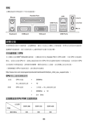 Page 70 
66 
背板 
主機板後面的背板提供下列各項連接器： 
Keyboard
USB Ports Mouse
COM portVGA port Parallel Port
Line In
Line Ou
t
Mic In LAN
USB Ports
 
 
硬體安裝 
本章將教您安裝中央處理器、記憶體模組、擴充卡及設定主機板上的跨接器。附帶並告訴您如何連接滑
鼠鍵盤等週邊裝置。進行安裝時請小心處理零組件並遵守安裝步驟。
 
中央處理器：CPU 
本主機板支援AMD® Athlon64處理器。主機板使用的是Socket-754的CPU插槽，可使CPU安裝過程
簡化。當您在安裝CPU時，請務必確認您使用的CPU帶有防過熱的散熱片和降溫風扇。如果您的CPU
沒有散熱片和降溫風扇，請與銷售商聯繫，購買或索取以上設備，並在開機之前妥善安裝。 
（要瞭解關於CPU的最新資訊，請至微星科技網站
http://www.msi.com.tw/program/products/mainboard/mbd/pro_mbd_cpu_support.php ） 
CPU核心速度調整說明 
  如果    CPU時脈   =...