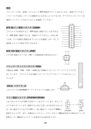 Page 88 
84 
電源 
メインボードでは、給電システムとしてAT X電源がサポートされています。電源コネクタをイ
ンストールする前に、ボードに損傷が与えられないようにするため、すべてのコンポーネントが
適切にインストールされていることを確認してください。 
 
ATX 20-ピン電源コネクタ: CONN1 
このコネクタを使用すると、AT X電源に接続することができま
す。AT X電源へ接続するには、電源のプラグが正しい方向に挿
入され、ピンが適切に配置されていることを確認します。そして
電源をコネクタの奥まで差し込みます。 
 
AT X  1 2 V電源コネクタ: JPW1 
この12V電源コネクタは、CPUへの電源供給で使用されます。 
 
フロッピーディスクコネクタ: FDD1 
本製品は360K、720K、1.2M、1.44M及び2.88Mのフロッピーディスクドライブに対
応しています。このコネクタは付属のフロッピドライブリボンケーブルをサポートし
ています。.   
 
 CD-In コネクタ: J1 
このコネクタはCD-ROMオーディオコネクタと接続します。 
 
ファン電源コネクタ:...