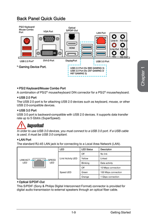 Page 231-9
Back Panel Quick Guide
 ▶PS/2 Keyboard/Mouse Combo Port
A combination of PS/2® mouse/keyboard DIN connector for a PS/2® mouse/keyboard.
 
▶USB 2.0 Port
The USB 2.0 port is for attaching USB 2.0 devices such as keyboard, mous\
e, or other 
USB 2.0-compatible devices.
 
▶USB 3.0 Port
USB 3.0 port is backward-compatible with USB 2.0 devices. It supports da\
ta transfer 
rate up to 5 Gbit/s (SuperSpeed).
 Important
In order to use USB 3.0 devices, you must connect to a USB 3.0 port. If \
a USB cable  is...