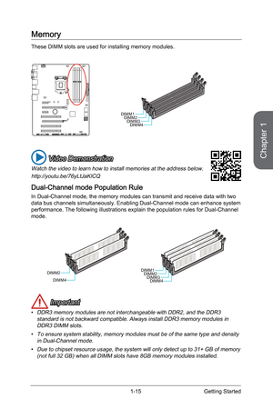 Page 291-15
Memory
These DIMM slots are used for installing memory modules.
DIMM1DIMM2 DIMM3 DIMM4
 Video Demonstration
Watch the video to learn how to install memories at the address below.
http://youtu.be/76yLtJaKlCQ
Dual-Channel mode Population Rule
In Dual-Channel mode, the memory modules can transmit and receive data w\
ith two 
data bus channels simultaneously. Enabling Dual-Channel mode can enhance\
 system 
performance. The following illustrations explain the population rules fo\
r Dual-Channel 
mode....
