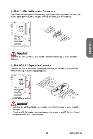 Page 371-23
JUSB1~2: USB 2.0 Expansion Connectors
This connector is designed for connecting high-speed USB peripherals suc\
h as USB 
HDDs, digital cameras, MP3 players, printers, modems, and many others.
1.V
CC
3.
U SB
0-
10.
N C
5.U
SB
0+
7
.
G ro
u n\f
9
.N
o P
\b
n
8.G
ro u
n \f
6 .U S
B 1
+
4 .
U S
B 1-
2.V C
C
 Important
Note that the VCC and GND pins must be connected correctly to avoid poss\
ible 
damage.
JUSB3: USB 3.0 Expansion Connector
The USB 3.0 port is backwards compatible with USB 2.0 devices....