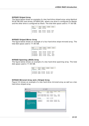 Page 1015-13
nVIDIA RAID Introduction
NVRAID Striped Array
The figure below shows an example of a two hard drive striped array using identical
55.90 GB IDE hard drives (ST360015A), where one drive is configured as Master
and the other drive is configured as Slave. The total disk space used is 111.80 GB.
NVRAID Striped Mirror Array
The figure below shows an example of a four hard drive stripe-mirrored array. The
total disk space used is 111.80 GB.
NVRAID Spanning (JBOD) Array
The figure below shows an example of...