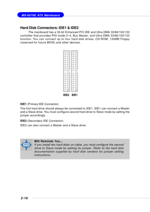 Page 312-16
 MS-6570E ATX Mainboard
Hard Disk Connectors: IDE1 & IDE2
The mainboard has a 32-bit Enhanced PCI IDE and Ultra DMA 33/66/100/133
controller that provides PIO mode 0~4, Bus Master, and Ultra DMA 33/66/100/133
function. You can connect up to four hard disk drives, CD-ROM, 120MB Floppy
(reserved for future BIOS) and other devices.
IDE1 (Primary IDE Connector)
The first hard drive should always be connected to IDE1. IDE1 can connect a Master
and a Slave drive. You must configure second hard drive to...