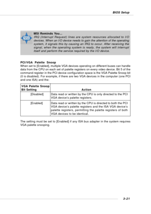 Page 603-21 BIOS Setup
PCI/VGA  Palette  Snoop
When set to [Enabled], multiple VGA devices operating on different buses can handle
data from the CPU on each set of palette registers on every video device. Bit 5 of the
command register in the PCI device configuration space is the VGA Palette Snoop bit
(0 is disabled). For example, if there are two VGA devices in the computer (one PCI
and one ISA) and the:
The setting must be set to [Enabled] if any ISA bus adapter in the system requires
VGA palette snooping.
MSI...