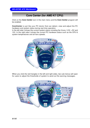 Page 82MSI FeatureMS-6570E ATX Mainboard
4-14
Core Center (for AMD K7 CPU)
Click on the Core Center icon in the main menu and the Core Center program will
be enabled.
CoreCenter is just like your PC doctor that can detect, view and adjust the PC
hardware and system status during real time operation.
In the left side it shows the current system status including the Vcore, 3.3V, +5V and
12V. In the right side it shows the current PC hardware status such as the CPU &
system temperatures and all fans speeds.
When...