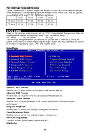 Page 16
PCI Interrupt Request Routing 
 line and pronounced I-R-Q, are hardware lines over The IRQ, abbreviation of interrupt requestwhich devices can send interrupt signals to the mi croprocessor. The PCI IRQ pins are typically 
connected to the PCI bus INT A# ~ INT D# pins as follows: 
 Order1 Order2 Order3 Order4 
PCI Slot 1 INT B# INT C# INT D# INT A# 
PCI Slot 2 INT C# INT D# INT A# INT B# 
 
BIOS Setup 
ter and the system will start POST (Power On Self Test) process. When the 
restart the m Power on the...
