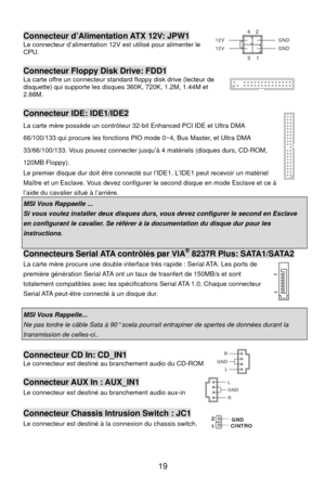 Page 25
 
13
42
GND
12V
GND
12VConnecteur d’Alimentation ATX 12V: JPW1 Le connecteur d’alimentation 12V est utilisé pour alimenter le 
CPU. 
 
Connecteur Floppy Disk Drive: FDD1 La carte offre un connecteur standard floppy disk drive (lecteur de 
disquette) qui supporte les dis ques 360K, 720K, 1.2M, 1.44M et 
2.88M.   
 
Connecteur IDE: IDE1/IDE2 
La carte mère possède un contrôleur 32-bit Enhanced PCI IDE et Ultra DMA 
66/100/133 qui procure les fonctions PIO mode 0~4, Bus Master, et Ultra DMA 
33/66/100/133....