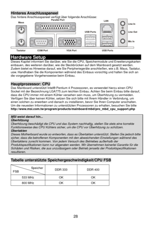 Page 34
Hinteres Anschlusspaneel Das hintere Anschlusspaneel verfügt über folgende Anschlüsse: 
 
Tastatur 
USB Ports
Maus
 
COM Port
VGA Port
Parallel Port
Line In
Line Out
Mic In
LAN
USB Ports  
Hardware Setup 
Dieses Kapitel informiert Sie darüber, wie Si e die CPU, Speichermodule und Erweiterungskarten 
einbauen, des weiteren darüber, wie die Steckbrücken auf dem Mainboard gesetzt werden. 
Zudem bietet es Hinweise darauf, wie Sie Peripheriegeräte anschließen, wie z.B. Maus, Tastatur, 
usw. Handhaben Sie die...