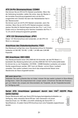 Page 37
 
1
1224
13
+3.3V
+3.3V -12V
+3.3V GND
GND PS-ON#
+5V GND
GND GND
+5V GND
GND Res
PWR OK +5V
5VSB +5V
+12V +5V
+12V GND
NC
ATX 24-Pin Stromanschluss: CONN1 
Hier können Sie ein ATX 24-Pin  Netzteil anschließen. Wenn Sie 
die Verbindung herstellen, stellen Sie sicher, dass der Stecker in 
der korrekten Ausrichtung eingesteckt wird und die Pins 
ausgerichtet sind. Drücken Sie dann den Netzteilstecker fest in 
den Steckersockel. 
Sie können auch ein 20-Pin ATX Netzteil verwenden, wenn Sie 
möchten. Wenn...