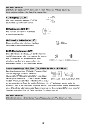 Page 38
MSI weist darauf hin... 
Bitte falten Sie das Serial ATA Kabel nicht in einem Winkel von 90 Grad, da dies zu 
Datenverlusten während der Datenübertragung führt.  
 
CD-Eingang: CD_IN1 
L
R
GNDHier kann das Audi okabel des CD-ROM 
Laufwerkes angeschlossen werden.   
 
Hilfseingang: AUX_IN1 L
R GNDHier kann ein zusätz liches Audiokabel 
angeschlossen werden. 
 
Gehäusekontaktschalter: JC1 2
1GND
CINTRODieser Anschluss wird mit einem 2-poligen 
Gehäusekontaktschalter verbunden. 
 
BIOS Flash Jumper: JWP1...