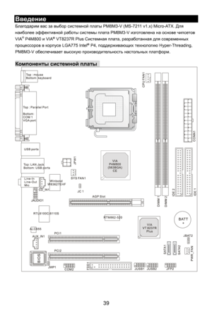 Page 45
Введение 
Благодарим вас  за выбор  системной  платы PM8M3-V (MS-7211 v1.x) Micro-ATX.  Для 
наиболее  эффективной  работы системы  плата PM8M3-V  изготовлена на основе  чипсетов   
VIA
® P4M800  и VIA® VT8237R Plus  Системная плата , разработанная  для современных  
процессоров  в корпусе  LGA775 Intel® P4, поддерживающих  технологию Hyper-Threading,   
PM8M3-V  обеспечивает  высокую производительность  настольных  платформ. 
 
Компоненты  системной  платы   
 
 
39  