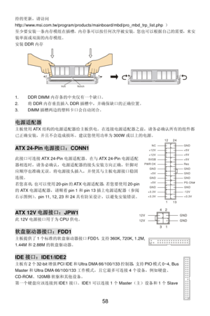 Page 64
持的更新，请访问
http://www.msi.com.tw/program/products/mainboard/mbd/pro_mbd_trp_list.php  ）
 
至少要安装一条内存模组在插槽。内存条可以按任何次序被安装。您也可以根据自己的需要，来安
装单面或双面的内存模组。 
安装DDR 内存 
Notch
Vol t 
1. DDR DIMM 内存条的中央仅有一个缺口。 
2. 将DDR 内存垂直插入 DDR插槽中，并确保缺口的正确位置。 
3. DIMM 插槽两边的塑料卡口会自动闭合。 
 
电源适配器 
主板使用AT X结构的电源适配器给主板供电。在连接电源适配器之前，请务必确认所有的组件都
已正确安装，并且不会造成损坏。建议您使用功率为 300W或以上的电源。 
 
1
1224
13
+3.3V
+3.3V -12V
+3.3V GND
GND PS-ON#
+5V GND
GND GND
+5V GND
GND Res
PWR OK +5V
5VSB +5V
+12V +5V
+12V GND
NC
AT X  2 4 - P i n 电源接口：CONN1 
此接口可连接...