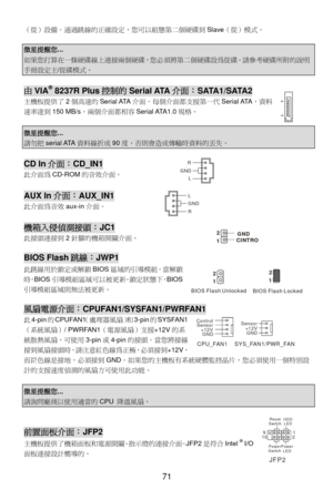 Page 77
（從）設備。通過跳線的正確設定，您可以組態第二個硬碟到Slave（從）模式。  
  
微星提醒您... 
如果您打算在一條硬碟線上連接兩個硬碟，您必須將第二個硬碟設為從碟。請參考硬碟所附的說明
手冊設定主/從碟模式。 
 
由VIA® 8237R Plus 控制的Serial ATA 介面：SATA1/SATA2 
主機板提供了 2個高速的 Serial ATA 介面。每個介面都支援第一代 Serial ATA，資料
速率達到 150 MB/s。兩個介面都相容 Serial ATA1.0規格。 
 
微星提醒您... 
請勿把serial ATA 資料線折成 90度，否則會造成傳輸時資料的丟失。   
 
CD In介面： CD_IN1 
L
R
GND此介面為 CD-ROM 的音效介面。 
 
AUX In介面：AUX_IN1 
此介面為音效 -in介面。   
L
R GNDaux
 
機箱入侵偵測接頭：JC1 
箱開關介面。2
1GND
CINTRO此接頭連接到 2針腳的機   
 
BIOS Flash跳線：JWP1 
此跳線用於鎖定或解鎖 BIOS區域的引導模組。當解鎖
時，BIOS...