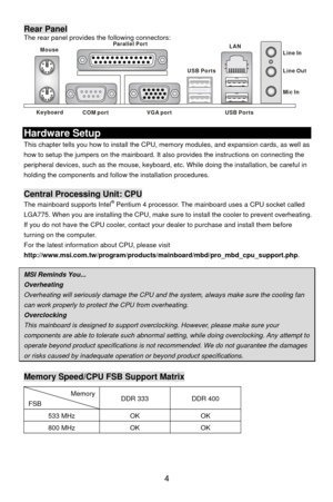 Page 10
Rear Panel The rear panel provides the following connectors: 
Keyboard
USB Ports
Mouse
COM portVGA port
Parallel Port
Line In
Line Ou
t
Mic In
LAN
USB Ports
                
Hardware Setup 
This chapter tells you how to install the CPU, memory modules, and expansion cards, as well as 
how to setup the jumpers on the mainboard. It al so provides the instructions on connecting the 
peripheral devices, such as the mouse, keyboard,  etc. While doing the installation, be careful in 
holding the components...