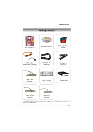 Page 161-5 Getting StartedUSB Bracket
(Optional)Packing ContentsSATA Cable/
Power Cable (Optional)MSI motherboardMSI Driver/Utility CDFlat Cable of
Floppy DiskFlat Cable of
IDE DevicesSATA RAID Driver
Diskette
* The pictures are for reference only and may vary from the packing contents of the
product you purchased.User’s Guide Back IO Shield1394 Cable
(Optional)SPDIF-Bracket
(Optional) 