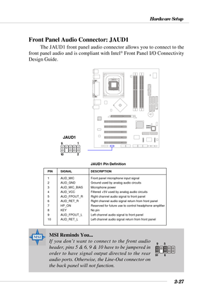 Page 482-27
Hardware Setup
BATT
+
Front Panel Audio Connector: JAUD1
The JAUD1 front panel audio connector allows you to connect to the
front panel audio and is compliant with Intel® Front Panel I/O Connectivity
Design Guide.
PIN SIGNAL DESCRIPTION
1 AUD_MIC Front panel microphone input signal
2 AUD_GND Ground used by analog audio circuits
3 AUD_MIC_BIASMicrophone power
4 AUD_VCCFiltered +5V used by analog audio circuits
5 AUD_FPOUT_R Right channel audio signal to front panel
6 AUD_RET_R Right channel audio...