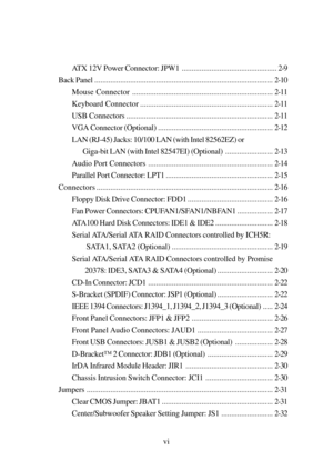 Page 6vi ATX 12V Power Connector: JPW1................................................ 2-9
Back Panel..........................................................................................2-10
Mouse Connector.......................................................................2-11
Keyboard Connector...................................................................2-11
USB Connectors..........................................................................2-11
VGA Connector...