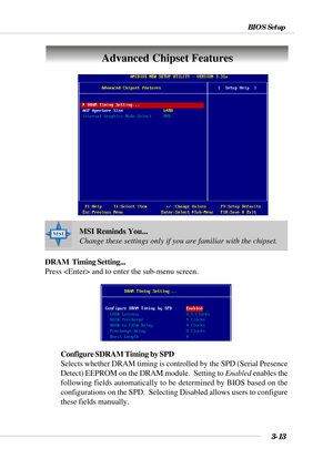 Page 683-13
BIOS Setup
Advanced Chipset Features
DRAM  Timing Setting...
Press  and to enter the sub-menu screen.
Configure SDRAM Timing by SPD
Selects whether DRAM timing is controlled by the SPD (Serial Presence
Detect) EEPROM on the DRAM module.  Setting to Enabled enables the
following fields automatically to be determined by BIOS based on the
configurations on the SPD.  Selecting Disabled allows users to configure
these fields manually.
MSI Reminds You...
Change these settings only if you are familiar with...