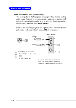 Page 87A-12
MS-6728 ATX Mainboard
1 *Line Out (Rear channels)
2   Line Out (Front channels)
3 MIC
4   SPDIF Coaxial jack
* Line In function is converted to
Line Out function when 4-Channel
Mode for 4-Speaker Output is selected.
„ 4-Channel Mode for 4-Speaker Output
The audio jacks on the back panel always provide 2-channel analog
audio output function, however these audio jacks can be transformed
to 4- or 6- channel analog audio jacks by selecting the corresponding
multi-channel operation from No. of Speakers....