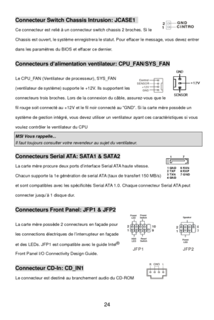 Page 28 
24 Control Control
SENSOR
+12V
GNDConnecteur Switch Chassis Intrusion: JCASE1  
Ce connecteur est relié à un connecteur switch chassis 2 broches. Si le 
Chassis est ouvert, le système enregistrera le statut. Pour effacer le message, vous devez entrer 
dans les paramètres du BIOS et effacer ce dernier.  Connecteurs d’alimentation ventilateur: CPU_FAN/SYS_FAN 
Le CPU_FAN (Ventilateur de processeur), SYS_FAN 
(ventilateur de système) supporte le +12V. Ils supportent les 
connecteurs trois broches. Lors de...