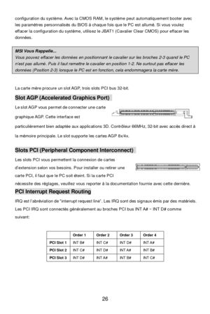 Page 30 
26  configuration du système. Avec la CMOS RAM, le système peut automatiquement booter avec 
les paramètres personnalisés du BIOS à chaque fois que le PC est allumé. Si vous voulez 
effacer la configuration du système, utilisez le JBAT1 (Cavalier Clear CMOS) pour effacer les 
données.  
 MSI Vous Rappelle...  Vous pouvez effacer les données en positionnant le cavalier sur les broches 2-3 quand le PC n’est pas allumé. Puis il faut remettre le cavalier en position 1-2. Ne surtout pas effacer les données...