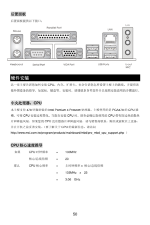 Page 54 
50 Mouse后置面板 
后置面板提供以下接口： 
 
 
 硬件安装 
这一章主要告诉您如何安装CPU，内存，扩展卡，也会告诉您怎样设置主板上的跳线，并提供连
接外围设备的指导，如鼠标，键盘等。安装时，请谨慎拿各零部件并且按照安装说明的步骤进行。 
 中央处理器：CPU 
本主板支持478针脚封装的Intel Pentium 4 Prescott处理器。主板使用的是PGA478的CPU插
槽，可使CPU安装过程简化。当您在安装CPU时，请务必确认您使用的CPU带有防过热的散热
片和降温风扇。如果您的CPU没有散热片和降温风扇，请与销售商联系，购买或索取以上设备，
并在开机之前妥善安装。（要了解关于CPU的最新信息，请访问 
http://www.msi.com.tw/program/products/mainboard/mbd/pro_mbd_cpu_support.php ） 
 CPU核心速度推导 
  如果   CPU时钟频率 = 133MHz 
  核心/总线倍频 = 23 
  那么 CPU核心频率 = 主时钟频率x 核心/总线倍频 
     = 133MHz  x  23...
