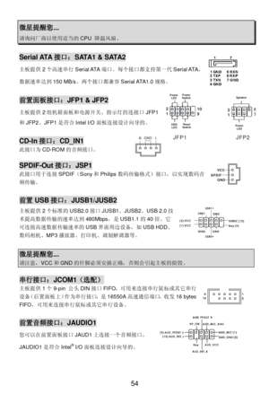 Page 58 
54 微星提醒您... 请询问厂商以使用适当的CPU 降温风扇。 Serial ATA接口：SATA1 & SATA2 
主板提供2个高速串行Serial ATA端口。每个接口都支持第一代Serial ATA，
数据速率达到150 MB/s。两个接口都兼容Serial ATA1.0规格。 前置面板接口：JFP1 & JFP2 
主板提供2组机箱面板和电源开关、指示灯的连接口JFP1
和JFP2。JFP1是符合Intel I/O面板连接设计向导的。 
 CD-In接口：CD_IN1 
此接口为CD-ROM的音频接口。 
 SPDIF-Out接口：JSP1 
此接口用于连接SPDIF（Sony和Philips数码传输格式）接口，以实现数码音
频传输。 
 前置USB接口：JUSB1/JUSB2 
主板提供2个标准的USB2.0接口JUSB1、JUSB2。USB 2.0技
术提高数据传输的速率达到480Mbps，是USB1.1的40倍。它
可连接高速数据传输速率的USB界面周边设备，如USB HDD、
数码相机、MP3播放器、打印机、调制解调器等。 
 微星提醒您......