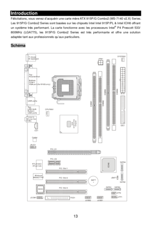 Page 17 
13 Introduction 
Félicitations, vous venez d’acquérir une carte mère ATX 915P/G Combo2 (MS-7140 v2.X) Series. 
Les 915P/G Combo2 Series sont basées sur les chipsets Intel Intel 915P/PL & Intel ICH6 offrant 
un système très performant. La carte fonctionne avec les processeurs Intel®
 P4 Prescott 533/ 
800MHz (LGA775), les 915P/G Combo2 Series est très performante et offre une solution 
adaptée tant aux professionnels qu’aux particuliers. 
 Schéma 
 DIMM1
DIMM3
DIMM2
DIMM4T: mouse 
B: keyboard
T:...