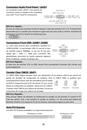 Page 24 
20 Connecteur Audio Front Panel : JAUD1 
Le connecteur audio JAUD1 vous permet de 
connecter l’audio en façade et est compatible 
avec lntel®
 Front Panel I/O Connectivity 
  
  
 MSI Vous rappelle...  Si vous ne voulez pas connecter l’audio en façade à l’aide des broches 5 & 6, 9 & 10 doivent être recouvertes par un cavalier pour envoyer le signal vers les ports audio à l’arrière. Autrement le connecteur Line-Out à l’arrière ne fonctionnera pas. . 1
2 9
10  Connecteurs Front USB: JUSB1/ JUSB2 
La...