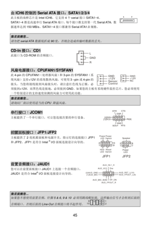 Page 49 
45 由ICH6控制的Serial ATA接口：SATA1/2/3/4 
此主板的南桥芯片是Intel ICH6，它支持4个serial接口SATA1~4。 
SATA1~4都是高速串行Serial ATA端口。每个接口都支持第一代Serial ATA，数
据速率达到150 MB/s。SATA1~4接口都兼容Serial ATA1.0规格。 
 微星提醒您
... 
请勿把
serial ATA
数据线折成
90
度，否则会造成传输时数据的丢失。
   CD-In接口：CD1 
此接口为CD-ROM的音频接口。 
 
 风扇电源接口：CPUFAN1/SYSFAN1 
此4-pin的CPUFAN1（处理器风扇）和3-pin的SYSFAN1（系
统风扇）支持+12V的系统散热风扇，可使用3 –pin或4-pin的
接头。当您将接线接到风扇接头时，请注意红色线为正极，必
须接到+12V，而黑色线是接地，必须接到GND。如果您的主板有系统硬件监控芯片，您必须使用
一个特别设计的支持速度侦测的风扇方可使用此功能。 
微星提醒您
... 
请询问厂商以使用适当的
CPU 
降温风扇。
  串行接口：JCOM1...