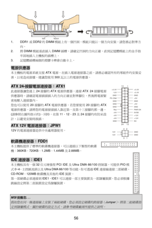 Page 60 
56  1. DDR1或DDR2的DIMM模組上有一個凹洞，模組只能以一個方向安裝，請您務必對準方
向。  
2. 將DIMM模組垂直插入DIMM插槽，請確定凹洞的方向正確，直到記憶體模組上的金手指
牢固地插入主機板的插槽上。 
3. 記憶體插槽兩側的塑膠卡榫會自動卡上。 
 電源供應器 
本主機板的電源系統支援ATX電源。在插入電源連接器之前，請務必確認所有的零組件均安裝妥
善，以免造成損壞。建議您使用300瓦以上的電源供應器。 
 ATX 24-接腳電源連接器：ATX1 
此連接器讓您連上24接腳的ATX電源供應器，連接ATX 24接腳電源
供應器時，請確認電源插頭插入的方向正確並對準腳位，然後將電源緊
密地壓入連接器內。 
您也可以使用20接腳的ATX電源供應器，若您要使用20接腳的ATX
電源供應器，請將您的電源接頭插入靠近第一及第十三接腳的那一邊， 
(請參照右圖所指示的)。同時，在第11、12、23及24接腳均有防呆設
計，以避免安裝時誤插。 
 ATX 12V電源連接器：JPW1 
12V的電源連接器是供中央處理器使用。 
 軟碟機連接器：FDD1...