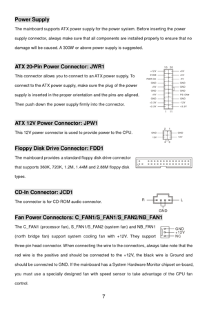 Page 13 
7 Power Supply 
The mainboard supports ATX power supply for the power system. Before inserting the power 
supply connector, always make sure that all components are installed properly to ensure that no 
damage will be caused. A 300W or above power supply is suggested. 
 ATX 20-Pin Power Connector: JWR1 
This connector allows you to connect to an ATX power supply. To 
connect to the ATX power supply, make sure the plug of the power 
supply is inserted in the proper orientation and the pins are aligned....