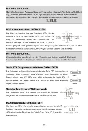 Page 29 
23 MSI weist darauf hin... Wenn Sie die vorderen Audioanschlüsse nicht verwenden, müssen die Pins 5 & 6 und 9 & 10 mit sog. „Jumpern“ gebrückt werden, um die Signalausgabe auf die hinteren Audioanschlüsse umzuleiten. Andernfalls ist der Line –Out Ausgang im hinteren Anschlussfeld ohne Funktion.    USB Vorderanschluss: JUSB1/JUSB2 
Das Mainboard verfügt über zwei Standard- USB- 2.0- An- 
schlüsse in Form der Stift- Blöcke JUSB1 und JUSB2. Die 
USB 2.0 Technologie erhöht den Datendurchsatz auf 
maximal...