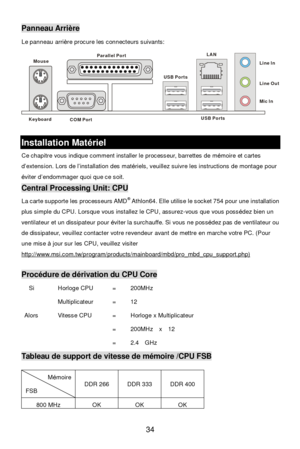 Page 40 
34 Panneau Arrière 
Le panneau arrière procure les connecteurs suivants: 
 Installation Matériel 
Ce chapitre vous indique comment installer le processeur, barrettes de mémoire et cartes 
d’extension. Lors de l’installation des matériels, veuillez suivre les instructions de montage pour 
éviter d’endommager quoi que ce soit. Central Processing Unit: CPU 
La carte supporte les processeurs AMD®
 Athlon64. Elle utilise le socket 754 pour une installation 
plus simple du CPU. Lorsque vous installez le CPU,...