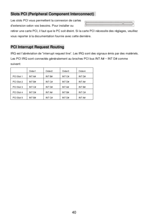 Page 46 
40 Slots PCI (Peripheral Component Interconnect)  
Les slots PCI vous permettent la connexion de cartes 
d’extension selon vos besoins. Pour installer ou 
retirer une carte PCI, il faut que le PC soit éteint. Si la carte PCI nécessite des réglages, veuillez 
vous reporter à la documentation fournie avec cette dernière. 
 PCI Interrupt Request Routing 
IRQ est l’abréviation de “interrupt request line”. Les IRQ sont des signaux émis par des matériels. 
Les PCI IRQ sont connectés généralement au broches...