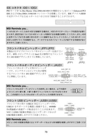 Page 85 
79 IDEコネクタ: IDE1 / IDE2  
PIOモード0U4、Bus Master、Ultra DMA 66/100/133機能をもつ、32VットEnhanced PCI 
IDEおよびUltra DMA 33/66/100コントローラを搭載しています。IDEデバイス(HDD
やWXドライブな&)を1ポートにつき2台まで接続することができます。 
 
 
 
 MSI Reminds you… 1つの
IDE
ポートに
2
台の
HDD
を接続する場合は、
HDD
のマスター
/
スレーブの設定が必要に
なります。設定方法については
HDD
メーカーが提供する仕様書を参照してください。また、
HDD
と光学ドライブはできる限り別々のポートに接続するようにしてください。
1
つの
IDE
ポートに
HDD
と光学ドライブを接続すると、データアクセスのパフォーマンスが低下する可能性があり
ますのでご注意ください。
  フロントパネルピンヘッダー: JFP1/JFP2  
本製品は2タイプのフロントパネルピンヘッダーを設けてい
ます。JFP1のピンアサインはIntel社がYZするフロントパ...