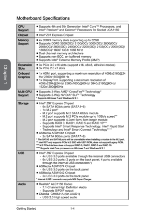 Page 18
Chapter 1
1-4Getting Started

Motherboard Specifications
CPU SupportSupports 4th and 5th Generation Intel® Core™ Processors, and Intel® Pentium® and Celeron® Processors for Socket LGA1150■
ChipsetIntel® Z97 Express Chipset■
Memory Support4x DDR3 memory slots supporting up to 32GBSupports DDR3 3200(OC)/ 3100(OC)/ 3000(OC)/ 2800(OC)/ 2666(OC)/ 2600(OC)/ 2400(OC)/ 2200(OC)/ 2133(OC)/ 2000(OC)/ 1866(OC)/ 1600/ 1333/ 1066 MHzDual channel memory architectureSupports non-ECC, un-buffered memorySupports Intel®...
