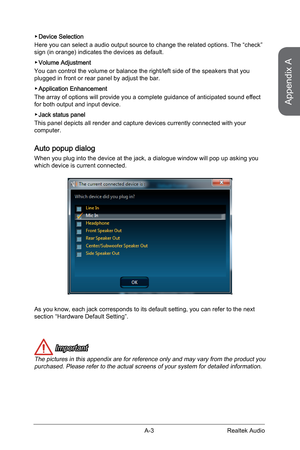 Page 95
Appendix A
A-3Realtek Audio

Device Selection
Here you can select a audio output source to change the related options. The “check” sign (in orange) indicates the devices as default.
Volume Adjustment
You can control the volume or balance the right/left side of the speakers that you plugged in front or rear panel by adjust the bar.
Application Enhancement
The array of options will provide you a complete guidance of anticipated sound effect for both output and input device.
Jack status panel
This panel...