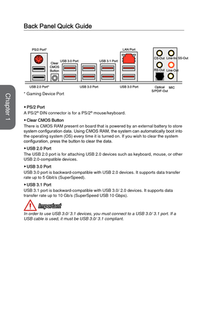 Page 11Back Panel Quick Guide
 ▶PS/2 Port
A PS/2® DIN connector is for a PS/2® mouse/keyboard.
 ▶Clear CMOS Button
There is CMOS RAM present on board that is powered by an external batter\
y to store 
system configuration data. Using CMOS RAM, the system can automatically boot into 
the operating system (OS) every time it is turned on. If you wish to c\
lear the system 
configuration, press the button to clear the data.
 ▶USB 2.0 Port
The USB 2.0 port is for attaching USB 2.0 devices such as keyboard, mous\
e,...