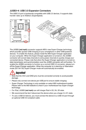 Page 28JUSB3~4: USB 3.0 Expansion Connectors
The USB 3.0 port is backwards compatible with USB 2.0 devices. It suppor\
ts data 
transfer rates up to 5Gbits/s (SuperSpeed).
5 .U S B 3 _ T X _ C _ D N
4 . G r o u n d
3 . U S B 3 _ R X _ D P
2 . U S B 3 _ R X _ D N
1 . P o w e r
1 0 . G r o u n d9 . +U S B 2 . 08 . -U S B 2 . 07 . G r o u n d
6 . U S B 3 _ T X _ C _ D P
2 0 . N o P i n
1 9 . P o w e r 1 8 . U S B 3 _ R X _ D N 1 7 . U S B 3 _ R X _ D P
1 6 . G r o u n d
1 5 . U S B 3 _ T X _ C _ D N1 4 . U S B 3 _...