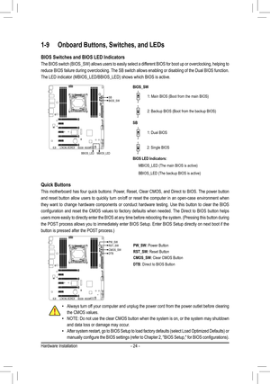 Page 24- 24 -
1-9 Onboard Buttons, Switches, and LEDs
Quick Buttons
This motherboard has four quick buttons: Power, Reset, Clear CMOS, and Direct to BIOS. The power button 
and reset button allow users to quickly turn on/off or reset the computer in an open-case environment when 
they want to change hardware components or conduct hardware testing. Use this button to clear the BIOS 
configuration	 and	reset	 the	CMOS	 values	to	factory	 defaults	 when	needed.	 The	Direct	 to	BIOS	 button	 helps	
users	more...