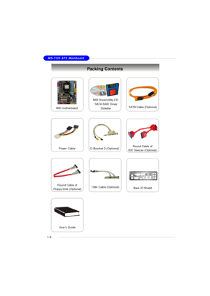 Page 141-6MS-7125 ATX MainboardPacking ContentsPower CableSATA Cable (Optional)User’s GuideD-Bracket 2 (Optional) MSI motherboardMSI Driver/Utility CD
 SATA RAID Driver
DisketteRound Cable of
IDE Devices (Optional)Back IO Shield 1394 Cable (Optional)Round Cable of
Floppy Disk (Optional) 