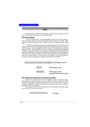 Page 402-26 MS-7125 ATX MainboardSlots
PCI Express Slots
The PCI Express slots,  as a high-bandwidth, low pin count, serial, intercon-
nect technology. You can insert the expansion cards to meet your needs. When
adding or removing expansion cards, make sure that you unplug the power supply
first.
PCI Express architecture provides a high performance I/O infrastructure for
Desktop Platforms with transfer rates starting at 2.5 Giga transfers per second over
a PCI Express x1 lane for Gigabit Ethernet, TV Tuners,...