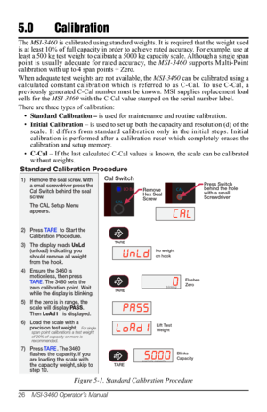 Page 3026    MSI-3460 Operator’s Manual
5.0 Calibration
The MSI-3460  is calibrated using standard weights.  It is required that the weight used 
is at least 10% of full capacity in order to  achieve rated accuracy. For example, use at 
least a 500 kg test weight to calibrate a 5000 kg capacity scale. Although a single span 
point is usually adequate for rated accuracy, the  MSI-3460 supports Multi-Point 
calibration with up to 4 span points + Zero. 
When adequate test weight s
  are not available, the MSI-3460...