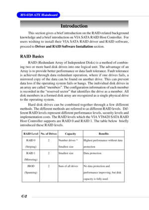 Page 125MS-6728 ATX Mainboard
C-2
Introduction
This section gives a brief introduction on the RAID-related background
knowledge and a brief introduction on VIA SATA RAID Host Controller.  For
users wishing to install their VIA SATA RAID driver and RAID software,
proceed to Driver and RAID Software Installation section.
RAID Basics
RAID (Redundant Array of Independent Disks) is a method of combin-
ing two or more hard disk drives into one logical unit. The advantage of an
Array is to provide better performance or...