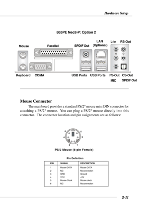 Page 332-11
Hardware Setup
Mouse Connector
The mainboard provides a standard PS/2® mouse mini DIN connector for
attaching a PS/2® mouse.  You can plug a PS/2® mouse directly into this
connector.  The connector location and pin assignments are as follows:
PS/2 Mouse (6-pin Female)
213
45 6
PIN SIGNAL DESCRIPTION
1 Mouse DATA Mouse DATA
2 N C No connection
3 GND Ground
4 VCC +5V
5 Mouse Clock Mouse clock
6 N C No connection
 Pin Definition
MouseParallel
USB Ports KeyboardL-in
MIC FS-Out      COMAUSB PortsSPDIF...